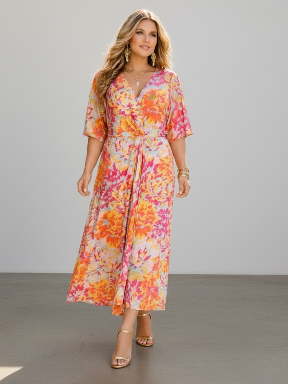$78 MSK Women's Multicolor Floral Graphic Print Unlined A-Line Midi Dress Sz 1X